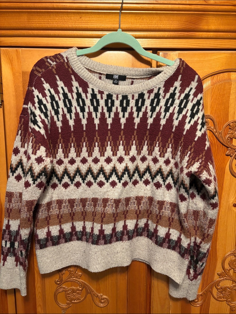 Frye Maroon, Cream & Black Fair Isle Crewneck Sweater